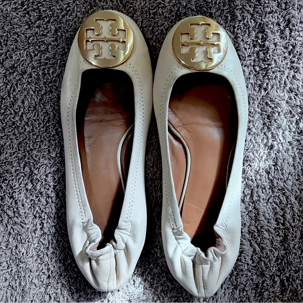 Cream Tory Burch Flats with Gold Hardware